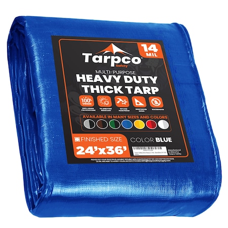 Tarpco Safety Heavy Duty Tarp, 36 ft L x 0.5 mm H x 24 ft W, 14 Mil, Blue, Polyethylene TS-105-24X36